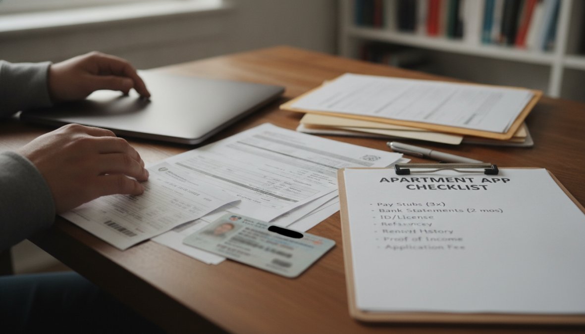 Person organizing important documents and paperwork on a desk with a laptop nearby, showing pay stubs, bank statements, and identification spread out neatly