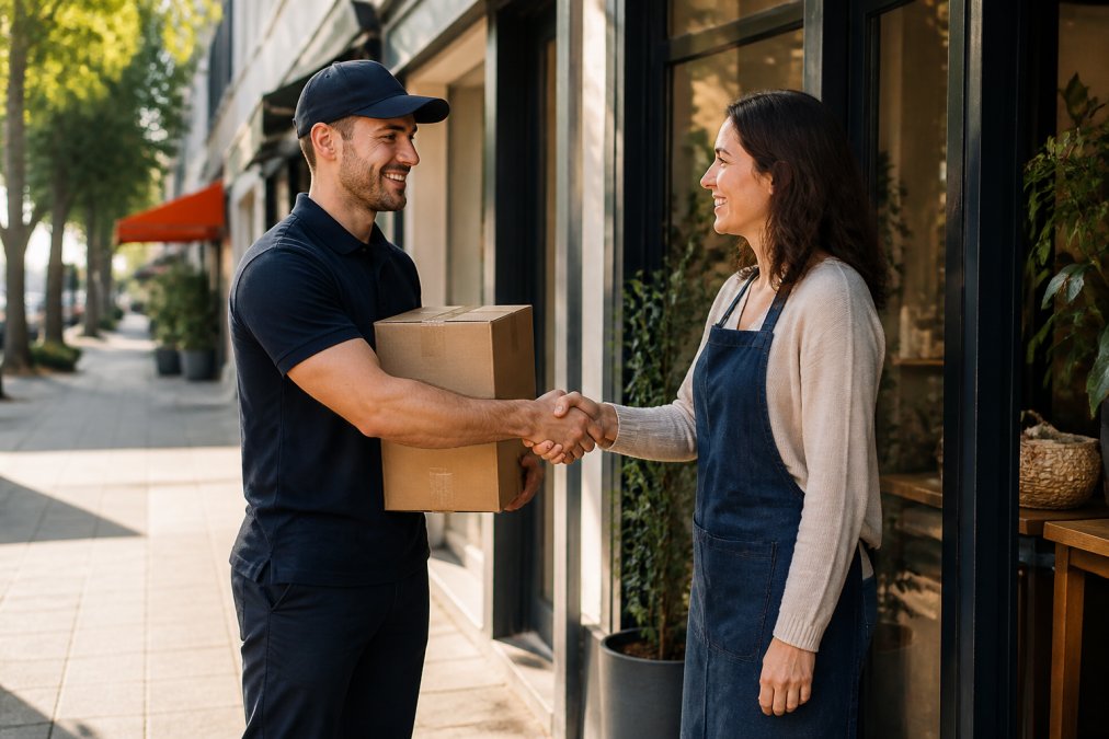 Professional courier driver in uniform delivering a parcel to a small business owner at the entrance of their shop, shaking hands, bright morning light, urban street setting