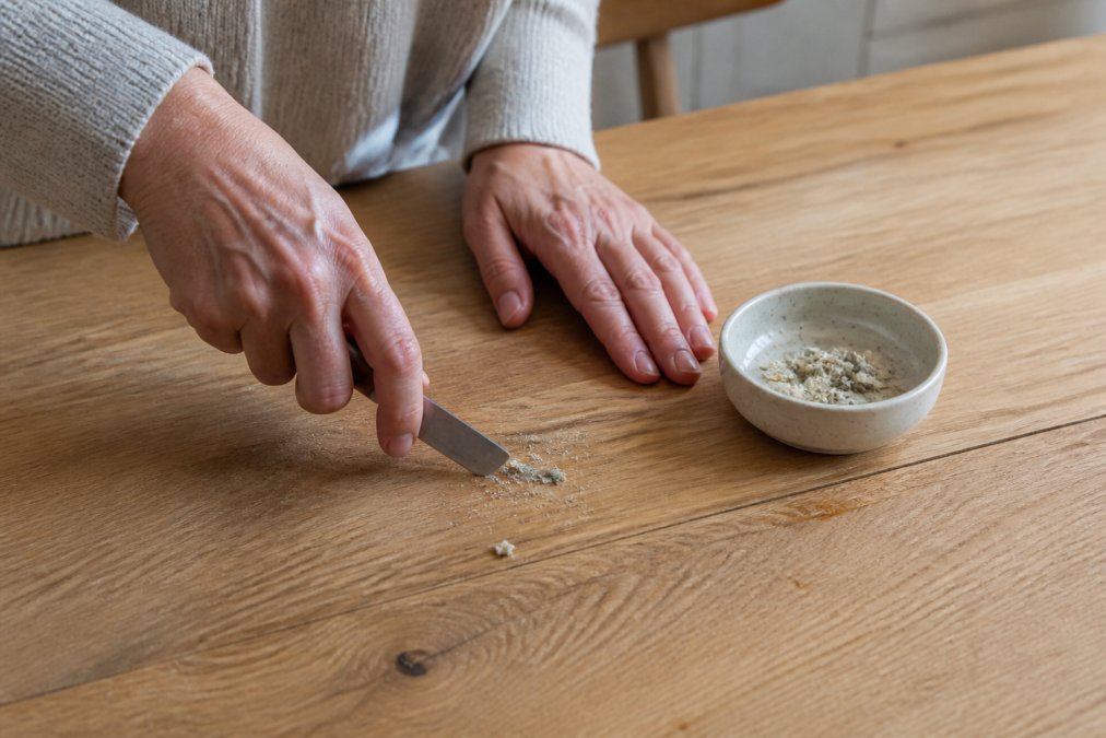 Close-up van volwassen handen die met een bot mesje opgedroogde kleiresten voorzichtig van een houten tafelblad schrapen, met een klein bakje met kleikruimels ernaast op een lichte houten keukentafel