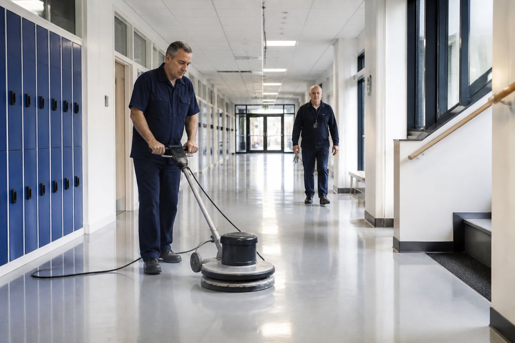 A professional cleaner in a navy uniform polishing a corridor floor in a bright, modern school building, with a caretaker walking in the background carrying a set of keys