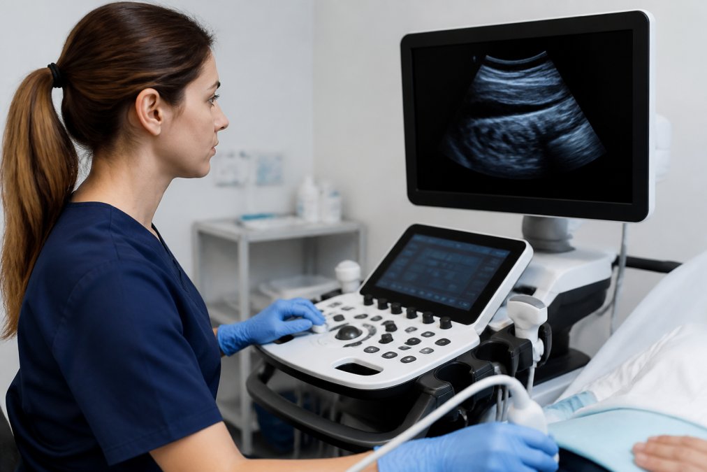 Medizinisches Fachpersonal arbeitet konzentriert an modernem Ultraschallgerät mit großem Bildschirm, zeigt Patientendaten und Ultraschallbilder in heller, moderner Klinik