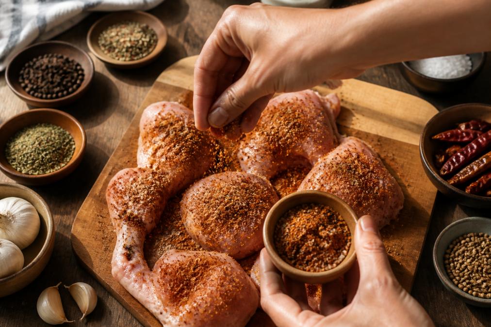 Overhead shot of a home cook's hands sprinkling a spice blend over raw chicken pieces on a wooden cutting board, with small ceramic bowls of whole spices and herbs nearby in warm natural light