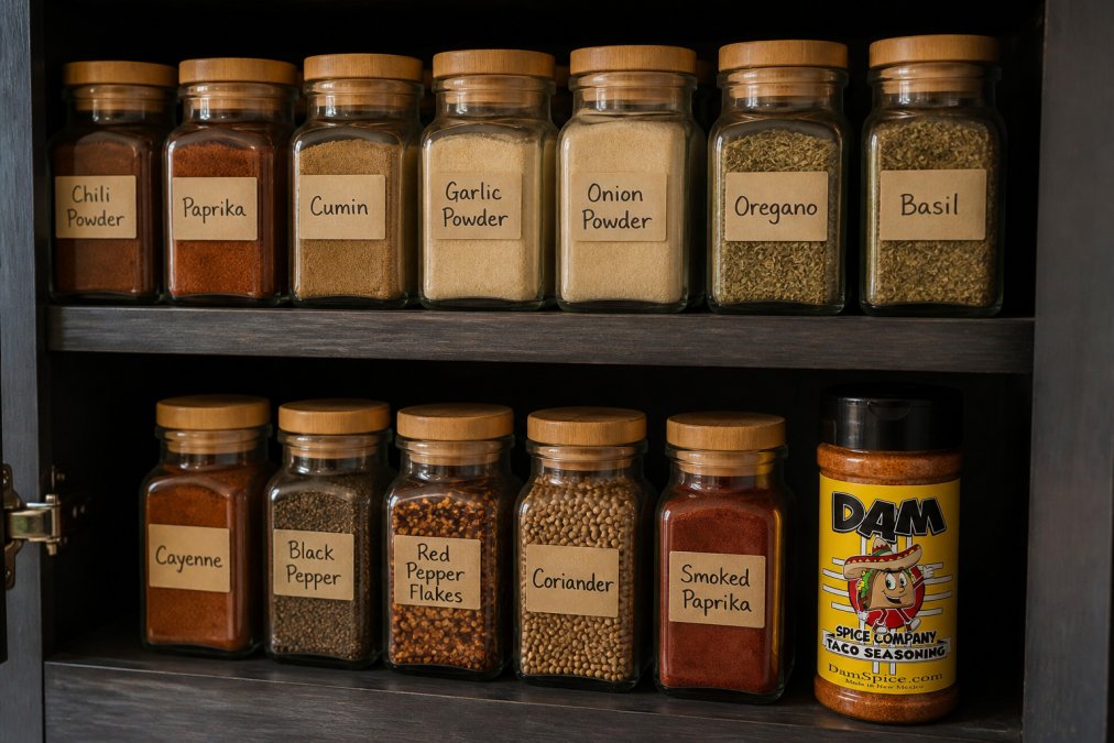 Organized collection of airtight glass spice jars with handwritten labels stored in a cool, dark kitchen cabinet, showing proper organization and storage conditions