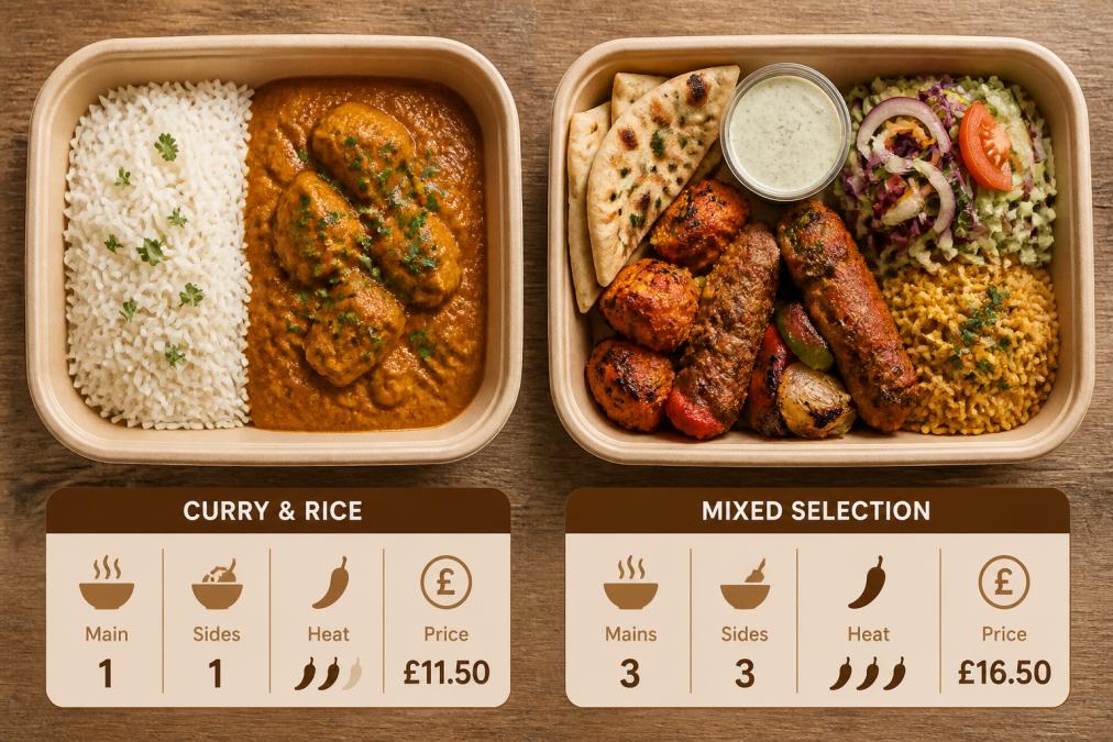 Overhead shot of two takeaway containers side by side on a wooden table, one with curry and rice, the other with a mixed selection, natural light, no branding visible