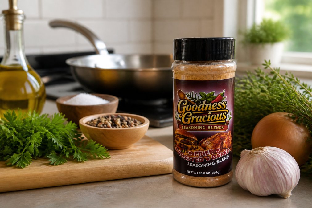 Artfully arranged spice blend jars with vibrant colors and bold packaging displayed on a kitchen counter, with fresh herbs and cooking ingredients nearby, natural afternoon lighting