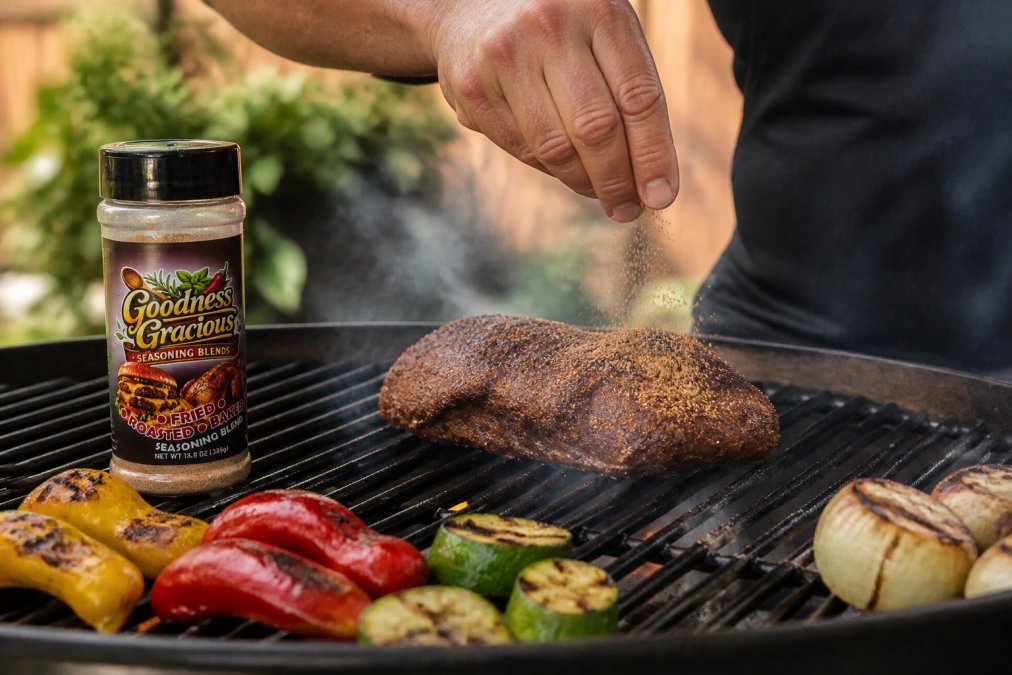 Home cook applying seasoning blend to meat on a grill, with smoke rising and charred vegetables in the background, capturing the grilling process in action
