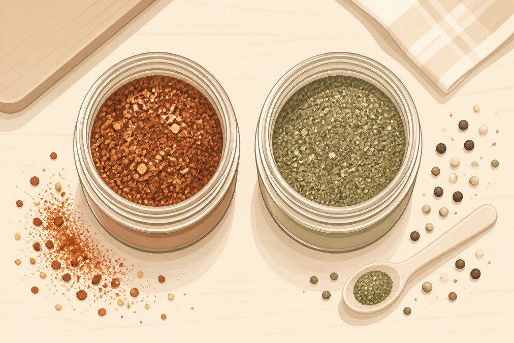 Overhead shot of two open spice jars side by side on a wooden kitchen counter, one showing a coarse red rub and the other a fine green herb blend, with a small spoon and scattered peppercorns nearby