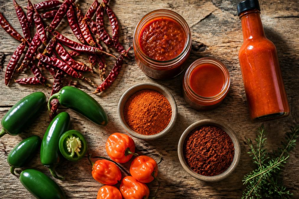 Overhead flat lay of dried red chilies, fresh jalapeños and habaneros, glass jars of chili paste and hot sauce, ground cayenne and chili powder, and a bottle of fermented hot sauce arranged on a weathered wooden surface with natural window lighting
