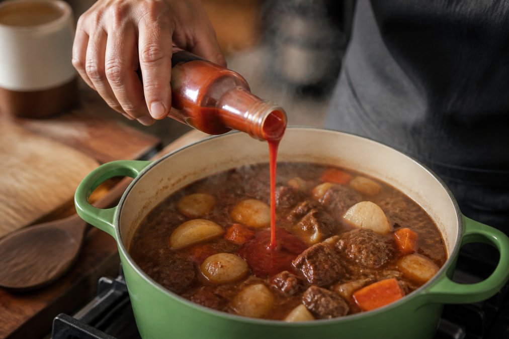Close-up of hands pouring deep red hot sauce into a simmering pot of beef stew with visible chunks of meat and root vegetables, steam rising, warm kitchen lighting