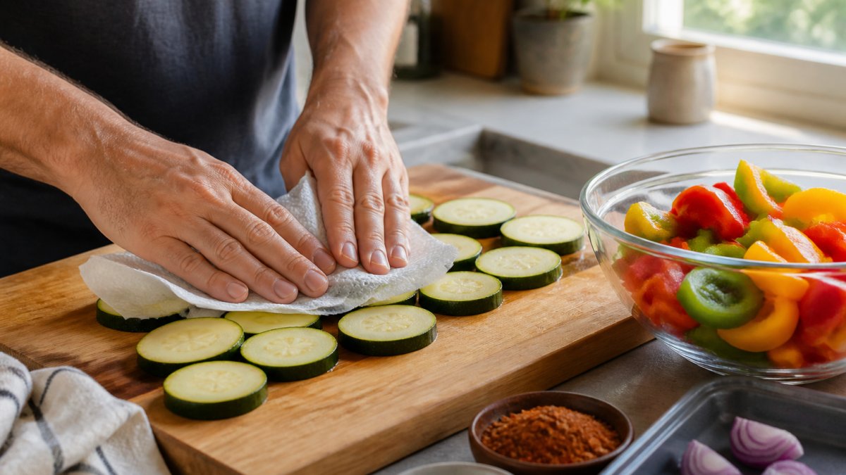 Close-up of hands patting dry zucchini slices with a paper towel on a wooden cutting board, bowl of cut bell peppers beside it, bright kitchen window light