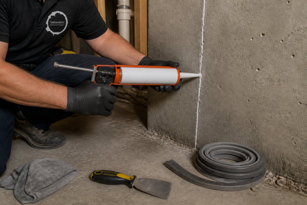 Close-up of hands applying caulk along a visible crack in a concrete basement wall, with a caulking gun and weather stripping nearby