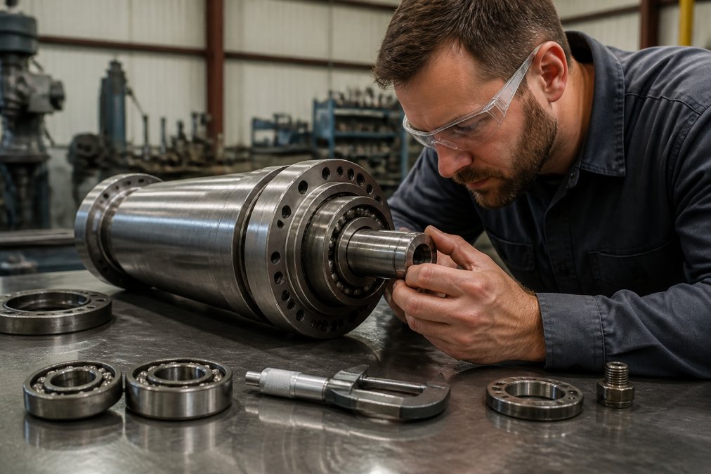 Close-up of a factory-trained technician in safety glasses inspecting a CNC spindle cartridge on a workbench, with precision measuring tools and bearings laid out nearby, under bright workshop lighting