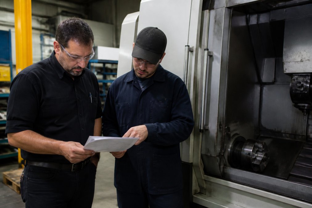 A maintenance manager and a technician reviewing printed diagnostic documentation together beside an open CNC machining center on a well-lit shop floor, with safety equipment visible in the background