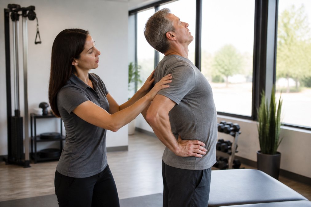 Physical therapist guiding a patient in a spineone alternative exercise session inside a bright clinic.