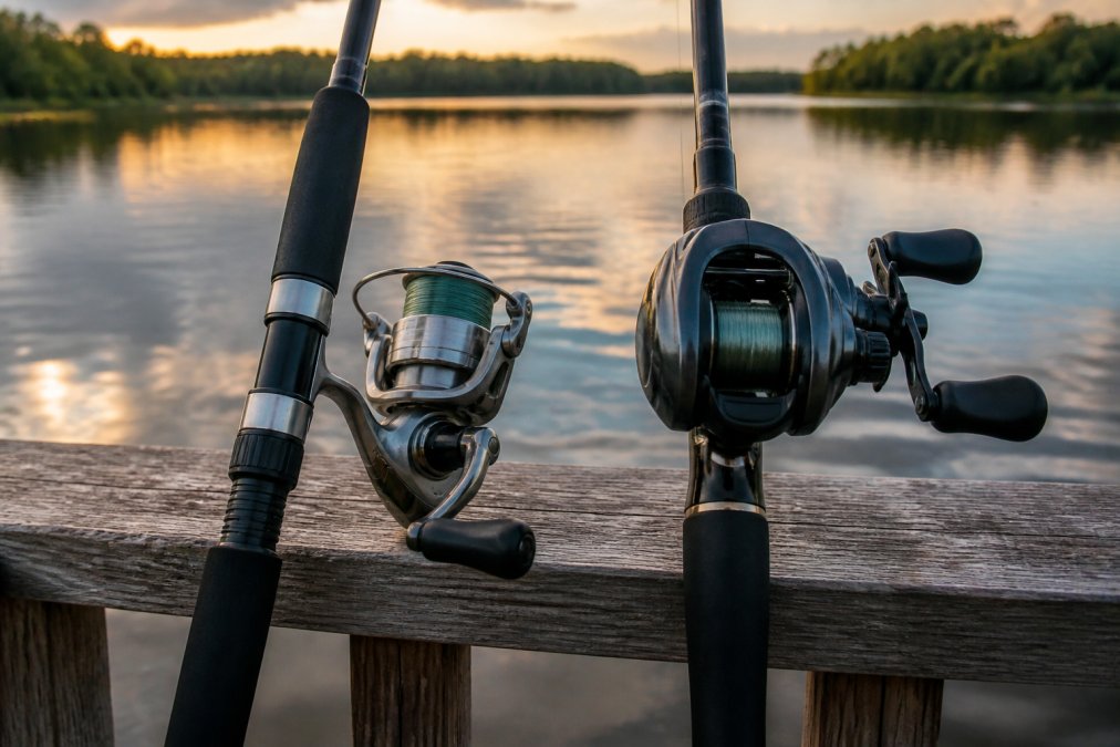 Side-by-side photo of a spinning reel and a baitcasting reel mounted on fishing rods, resting against a dock railing with a calm lake in the background during golden hour lighting