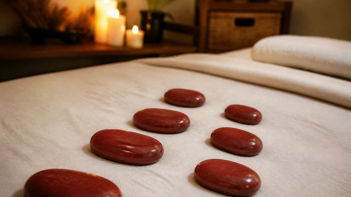 Smooth heated red stones arranged in a peaceful spa setting on a massage table with soft candlelight and warm ambient lighting