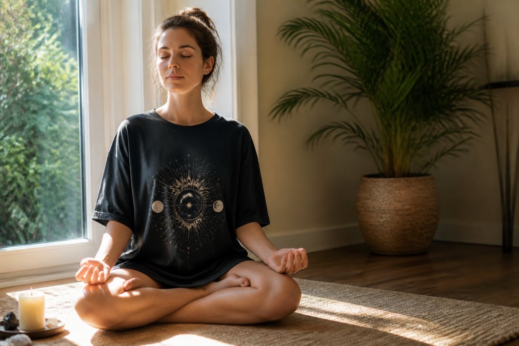 Woman wearing a celestial 11:11 oversized t-shirt during morning meditation, sitting cross-legged by a window with natural sunlight, peaceful and intentional expression