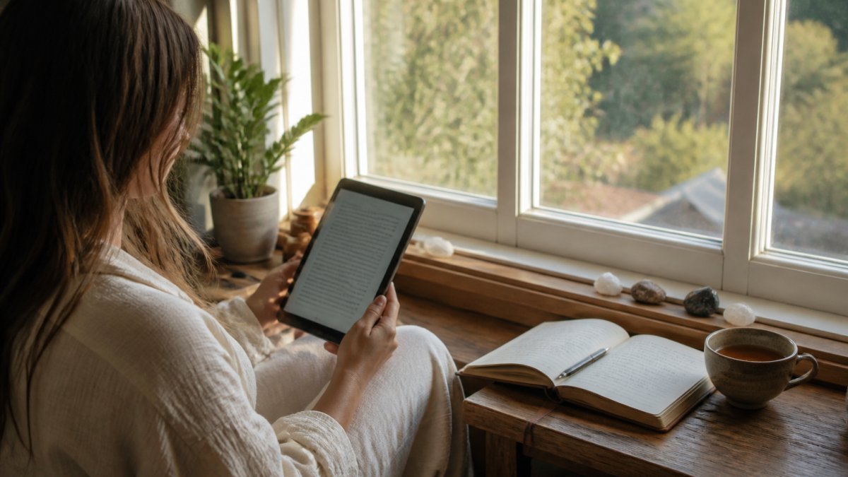 Person reading an ebook on a tablet in a sunlit window seat with an open journal and warm tea on a wooden table beside them