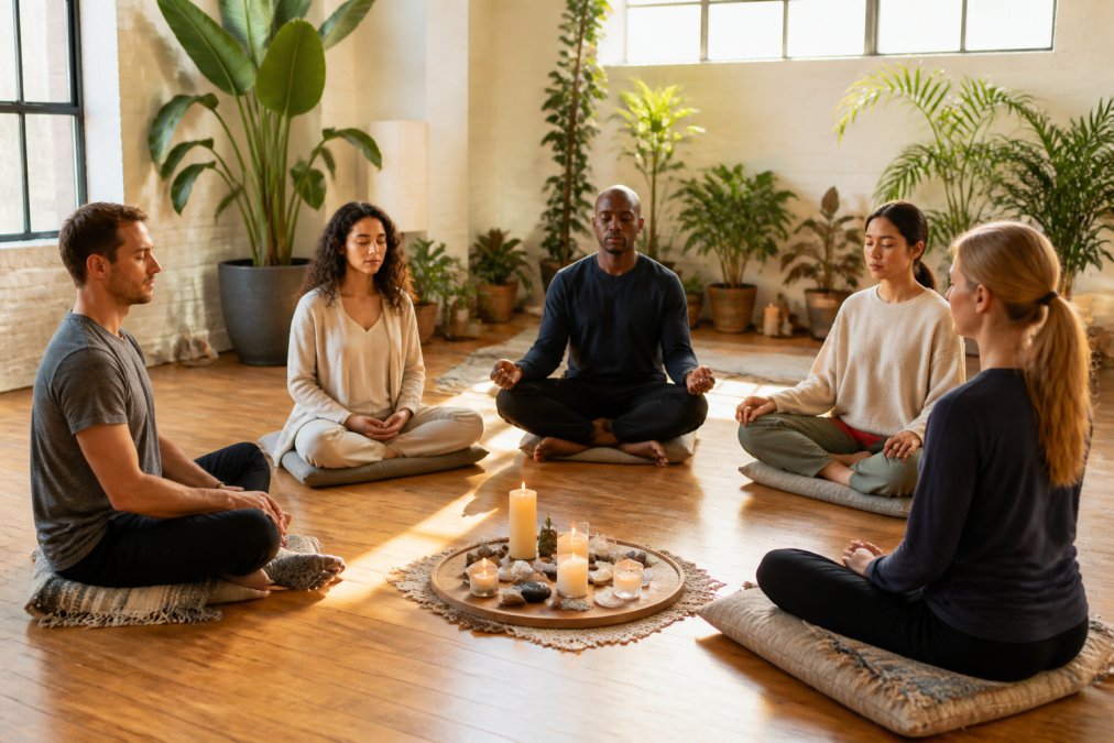 A small group of diverse adults sitting in a circle on cushions in a sunlit room with plants and candles, eyes closed in peaceful meditation