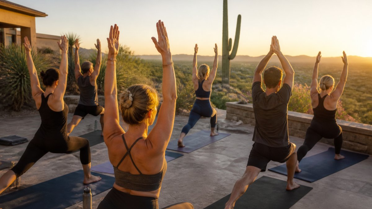 Small group of professionals practicing yoga on a desert patio at sunrise, saguaro cacti and mountain ridges in the background, soft golden light, serene expressions