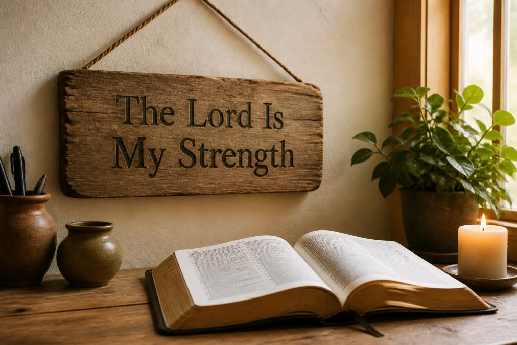Rustic wooden sign with a scripture quote hanging on a wall near a Bible and a lit candle in a cozy home office