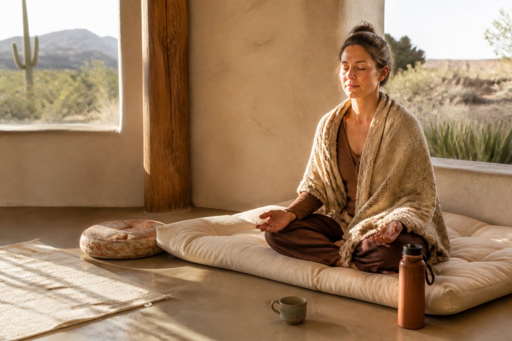 A woman sitting alone on a cushioned floor in a sunlit desert room, hands resting open in her lap, eyes closed in quiet contemplation, with soft morning light across the walls