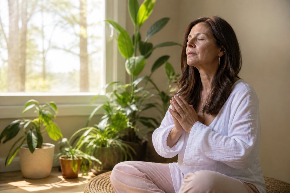 Spiritual Guidance for Life Decisions: A 2026 Guide 2 A person sitting in quiet contemplation with hands gently folded, surrounded by soft natural light from a window and green plants, embodying peaceful spiritual reflection