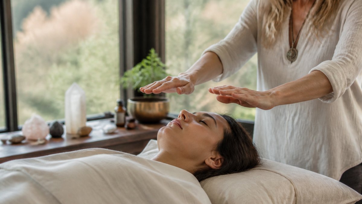 Practitioner with hands positioned above client's body in calm healing space with soft natural lighting and peaceful surroundings