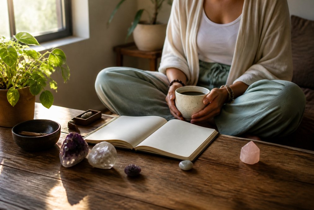 Person sitting cross-legged with a cup of tea, crystals, and an open journal on a wooden table near a window with natural light streaming in