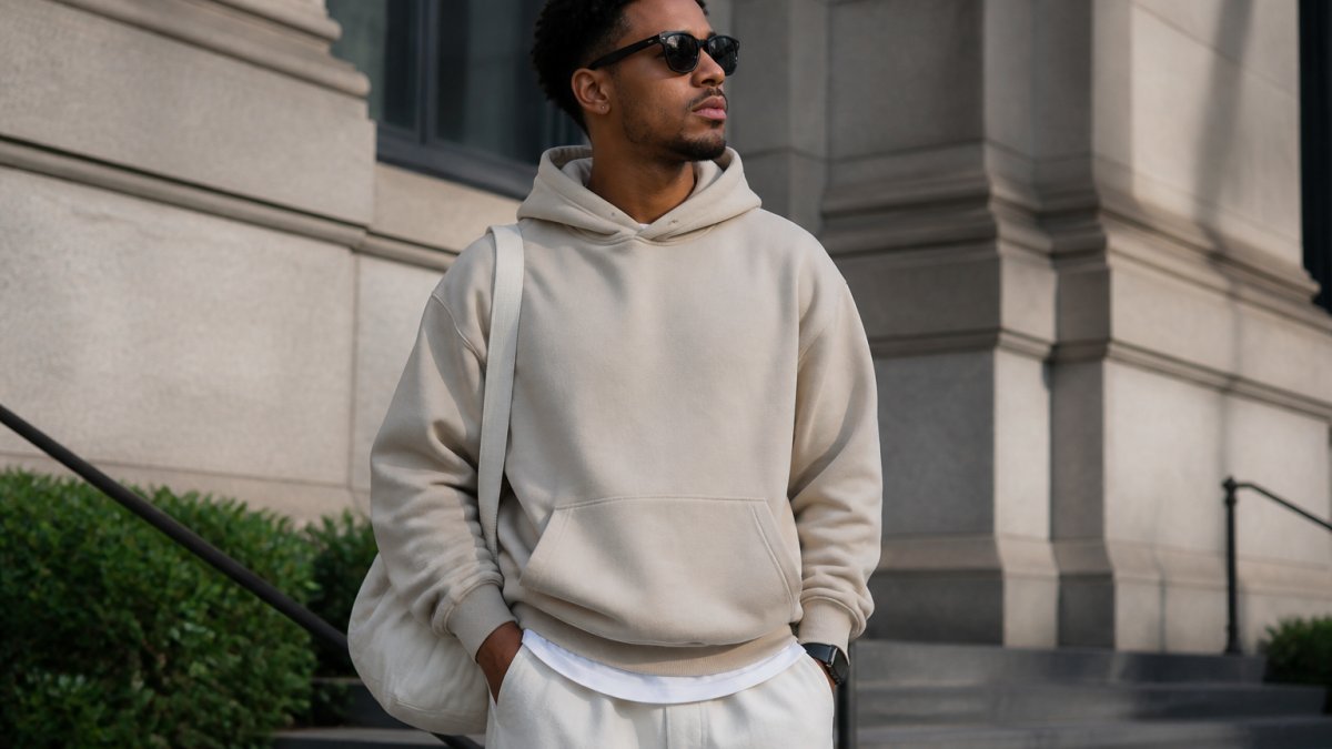 Person wearing a relaxed-fit oversized statement hoodie styled with neutral accessories and clean lines, standing in natural daylight with confident posture
