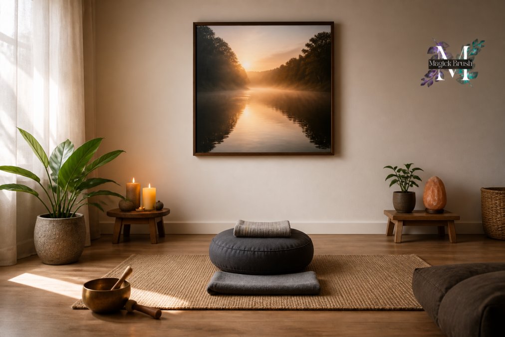 A serene meditation room featuring spiritual wall art for meditation rooms hung above a cushion on a wooden floor.