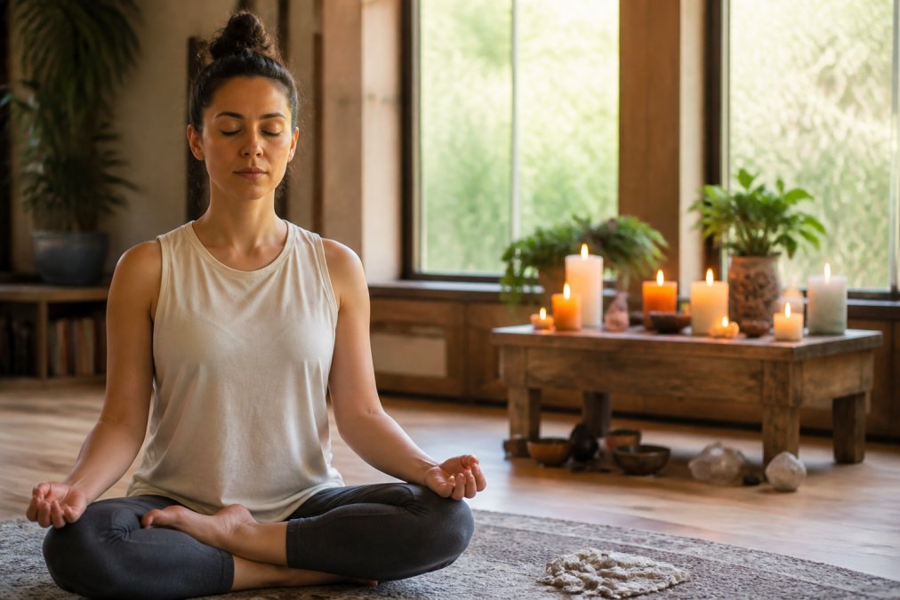 Person sitting cross-legged in peaceful meditation posture with hands resting gently on knees, in a serene room with soft natural light filtering through windows and candles burning on a side table