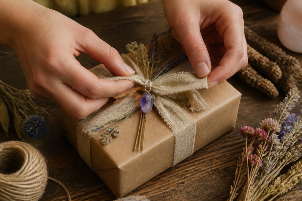 Close-up van handen die voorzichtig een kleine amethist-steen aan een natuurlijk linnen lint binden rond een verpakt cadeau, met droogbloemen en natuurlijke materialen op de achtergrond