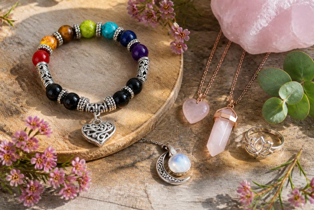 Verzameling van verschillende spirituele sieraden op een natuurlijke ondergrond: chakra armbanden in felle kleuren, rozenkwarts kettingen in zachtroze, een zilveren lotus ring en een lichtgevende maanketting, zacht belicht door natuurlijk licht