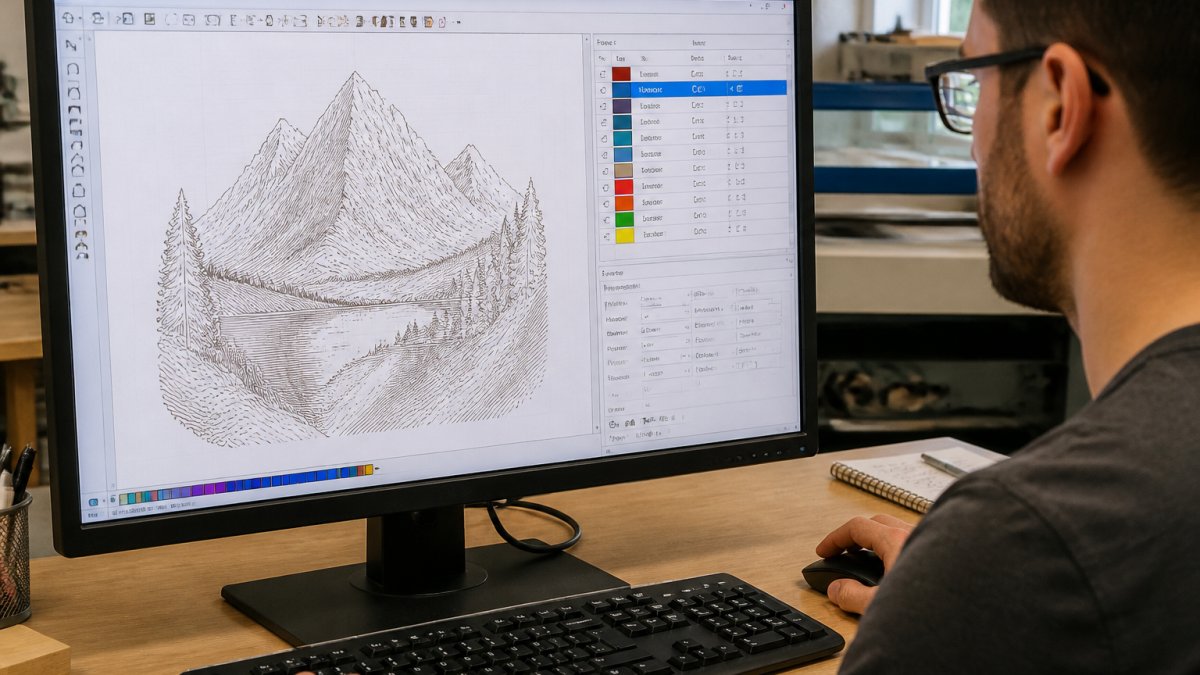 LightBurn interface showing a workflow to split laser layers for complex engraving designs