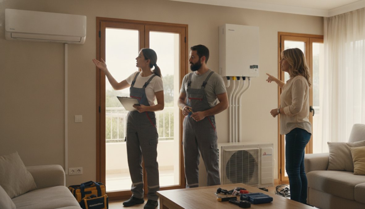 Comparación visual lado a lado: una unidad exterior split con su unidad interior de pared blanca, frente a una unidad exterior multisplit más grande conectada mediante tuberías a tres unidades interiores diferentes en distintas habitaciones de una vivienda moderna
