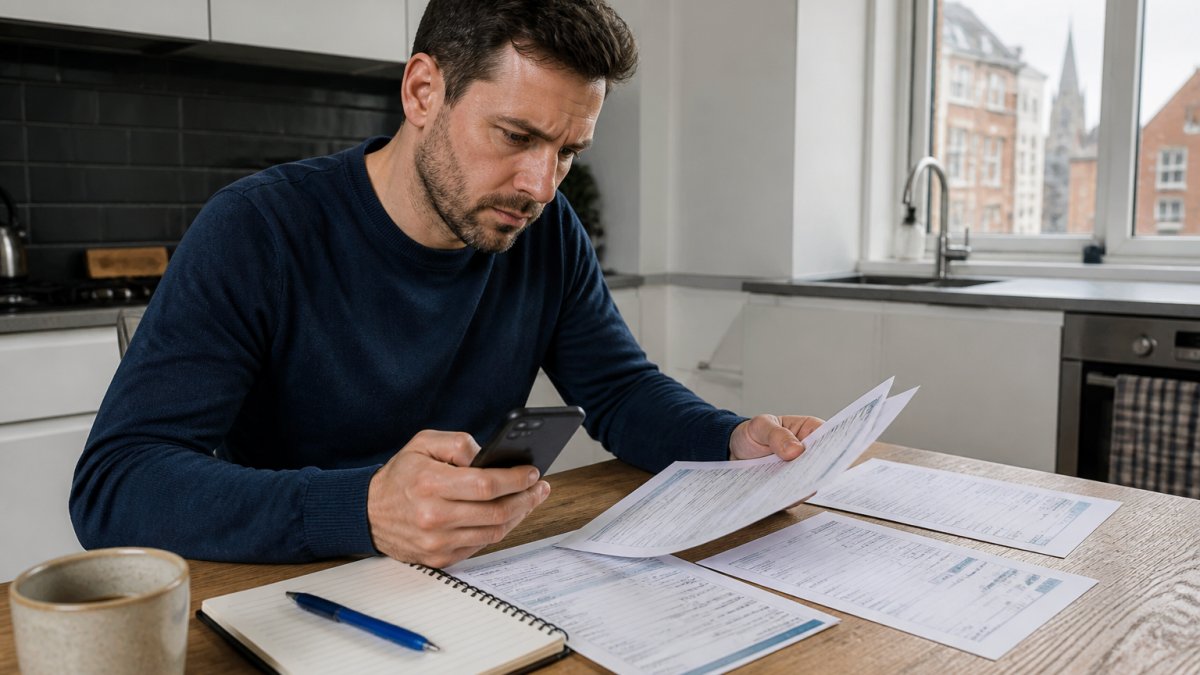 A homeowner sitting at a kitchen table in Antwerp, comparing printed quotes from different locksmiths while holding a smartphone, with a notebook and pen nearby