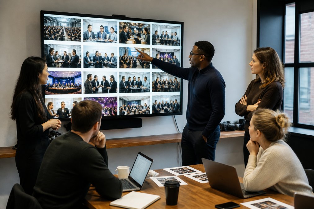 Marketing team reviewing event photos on a large monitor in a conference room, pointing at images and discussing metrics with colleagues gathered around the display