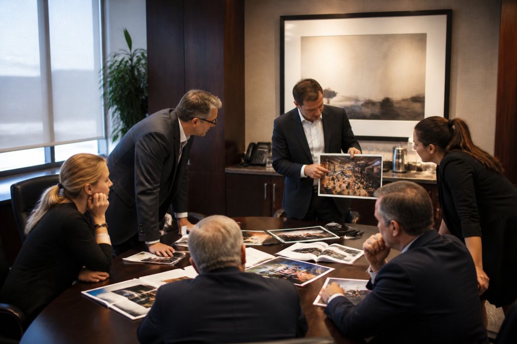 Professional presenting a sponsorship recap report with event photos displayed on a projection screen to executives and stakeholders in a boardroom setting, with attendees leaning forward to examine details