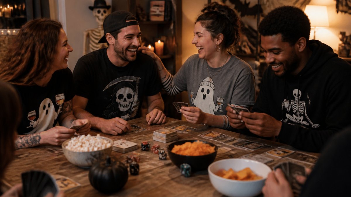 Group of friends wearing spooky graphic tees gathered around a game night table with cards, dice, and snacks, laughing and enjoying themselves in casual Halloween attire under warm indoor lighting