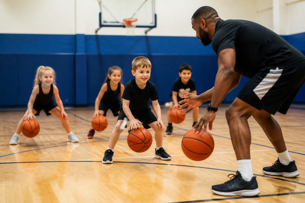 Young children aged 5-7 learning basic dribbling and ball handling under coach supervision in a gymnasium, with a coach demonstrating proper form and children smiling while practicing