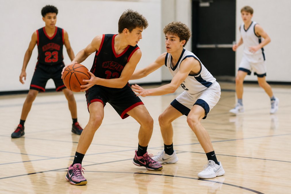 Older youth athletes aged 11-14 in competitive game action, showing focused teamwork, defensive positioning, and intensity during a match in a well-lit indoor court