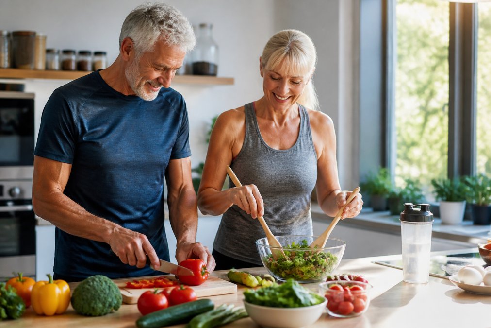 Ein sportliches Seniorenpaar in moderner Küche bereitet gemeinsam ein proteinreiches Gericht mit frischem Gemüse zu, daneben steht ein Shaker, helles Tageslicht fällt durch das Fenster