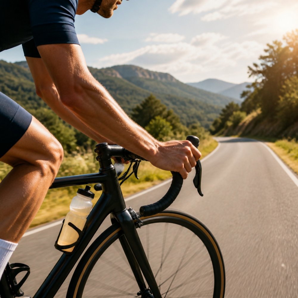 Ausdauersportler greift während einer sonnigen Radtour zur Trinkflasche am Rahmen seines Rennrads