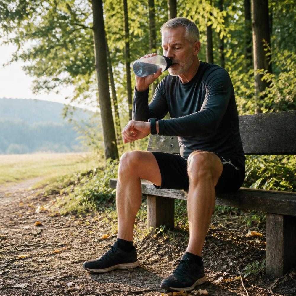 Läufer über 50 ruht nach dem Training im Wald und achtet auf seine Sporternährung für Marathonläufer über 50