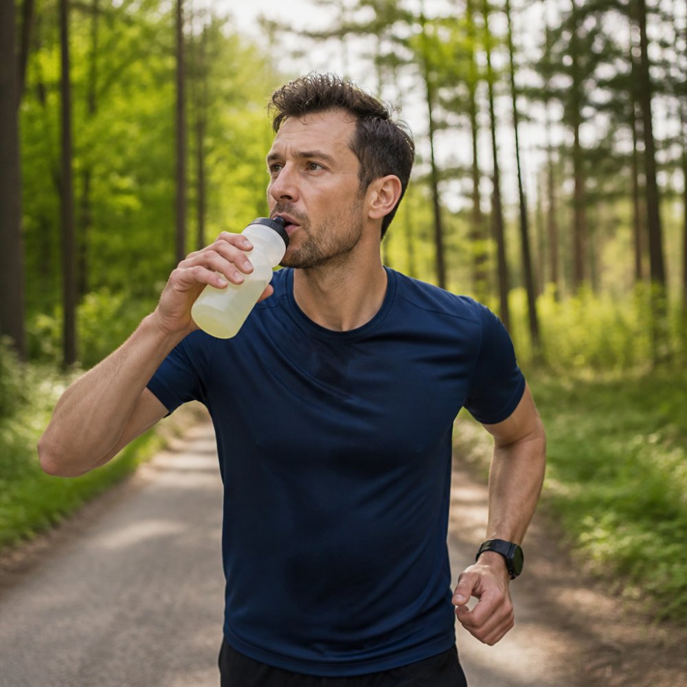 Fokussierter Athlet trinkt während des Grundlagentrainings ein Sportgetränk für die optimale Sporternährung.