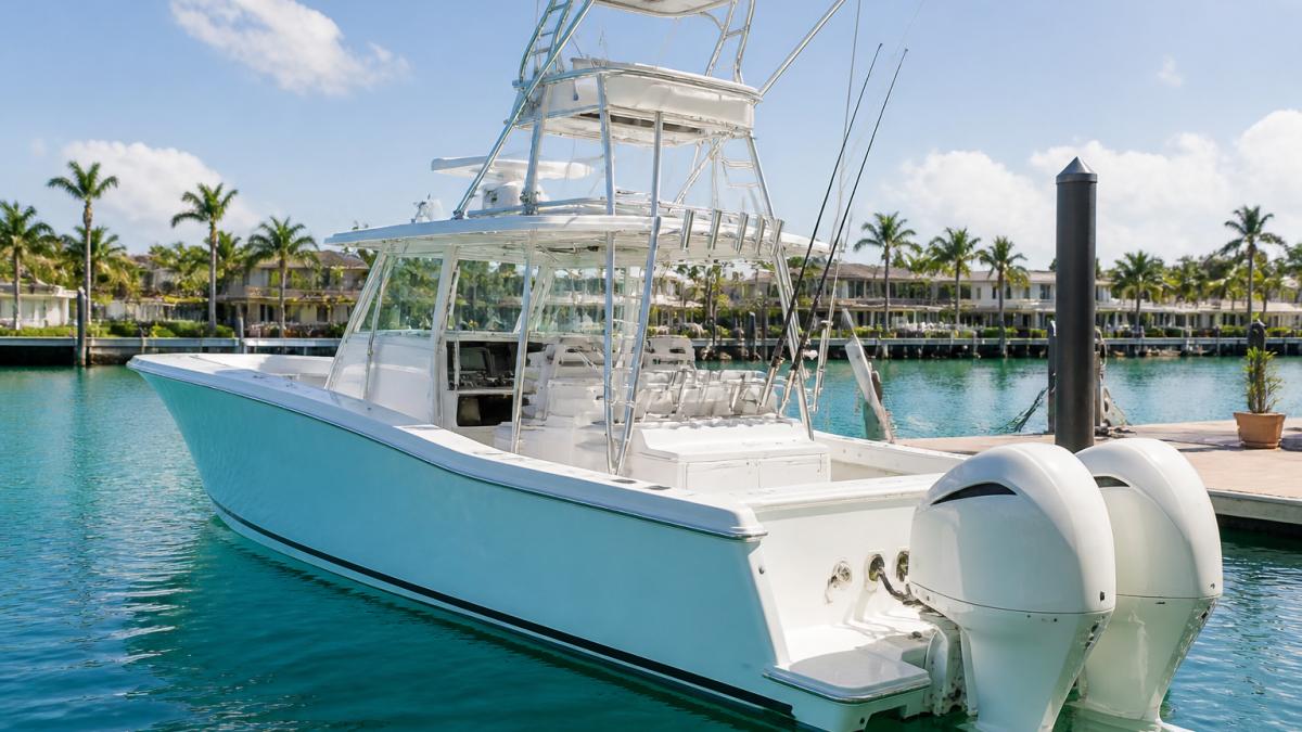 Professional sportfishing yacht docked at a modern South Florida marina with calm turquoise water, showing the full hull, twin outboards, hardtop, and fishing tower in afternoon sunlight