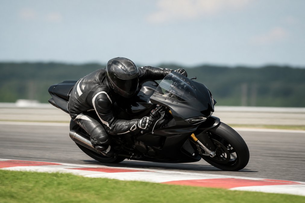 Professionele motorrijder in voorovergebogen sporthouding op circuit, handen op onderste stuurstangen, lichaam tegen tank, natuurlijke daglicht