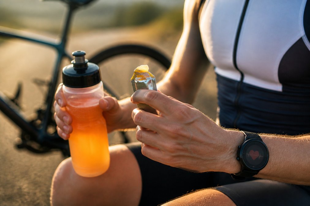 Triathlet hält Sportgel und Elektrolytgetränk zur richtigen Sportnahrung dosieren während einer Trainingspause