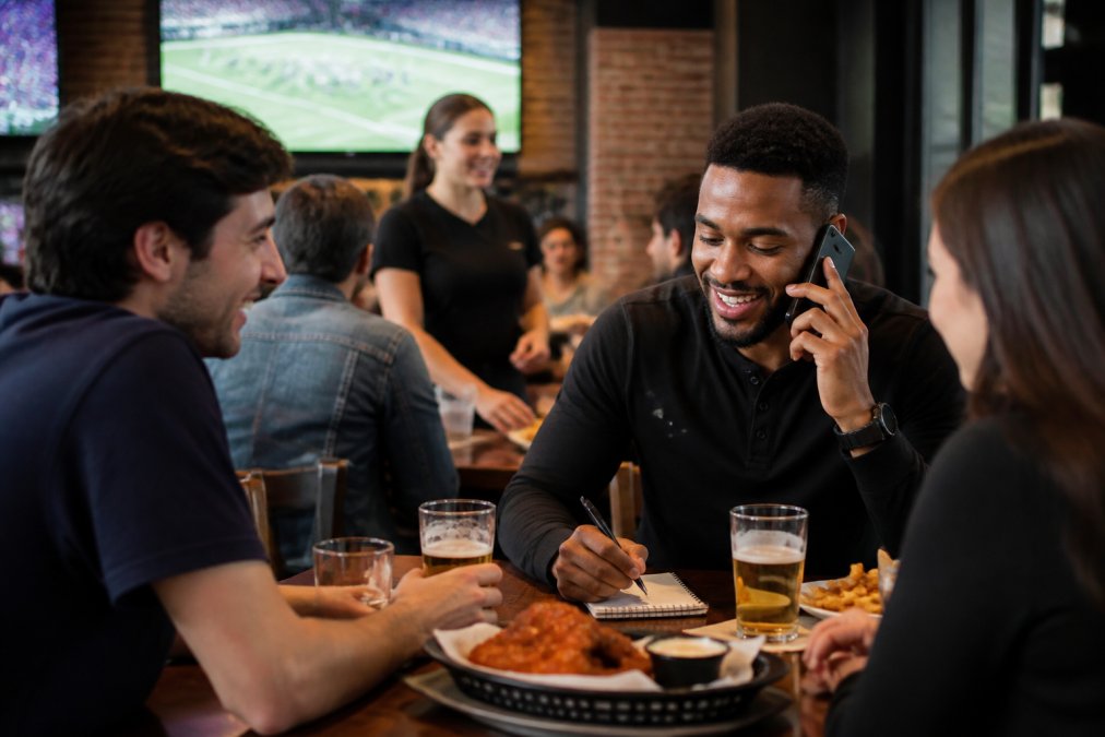 A group of friends at a sports bar gathered around a table, one person holding a phone to their ear with a notepad, smiling staff in the background near big screens showing a game